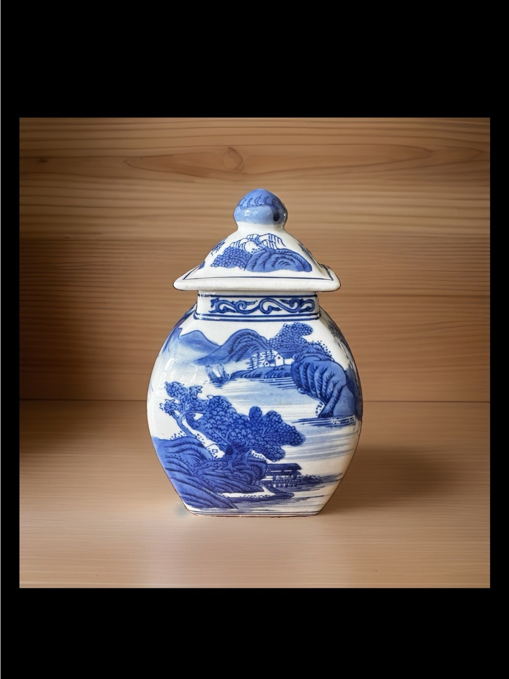 Vtg Blue and White porcelain temple jar Scenic Home Art chinoiserie 8”